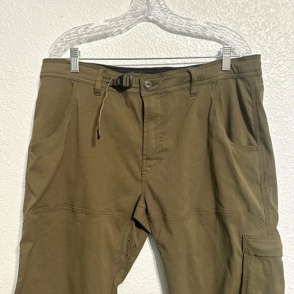 Prana Zion Stretch Pants Men 36x30 Green Belt Roll Snap up Outdoor Gorpcore Vent - Picture 2 of 13
